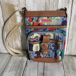 Lily Bloom‎ Crossbody Bag Dog Paw Tree Print Adjustable Strap Brown Trim